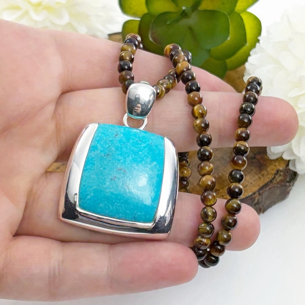 Vintage Sterling Silver 925 Turquoise Pendant Tiger’s Eye Necklace Southwest - Picture 5 of 13